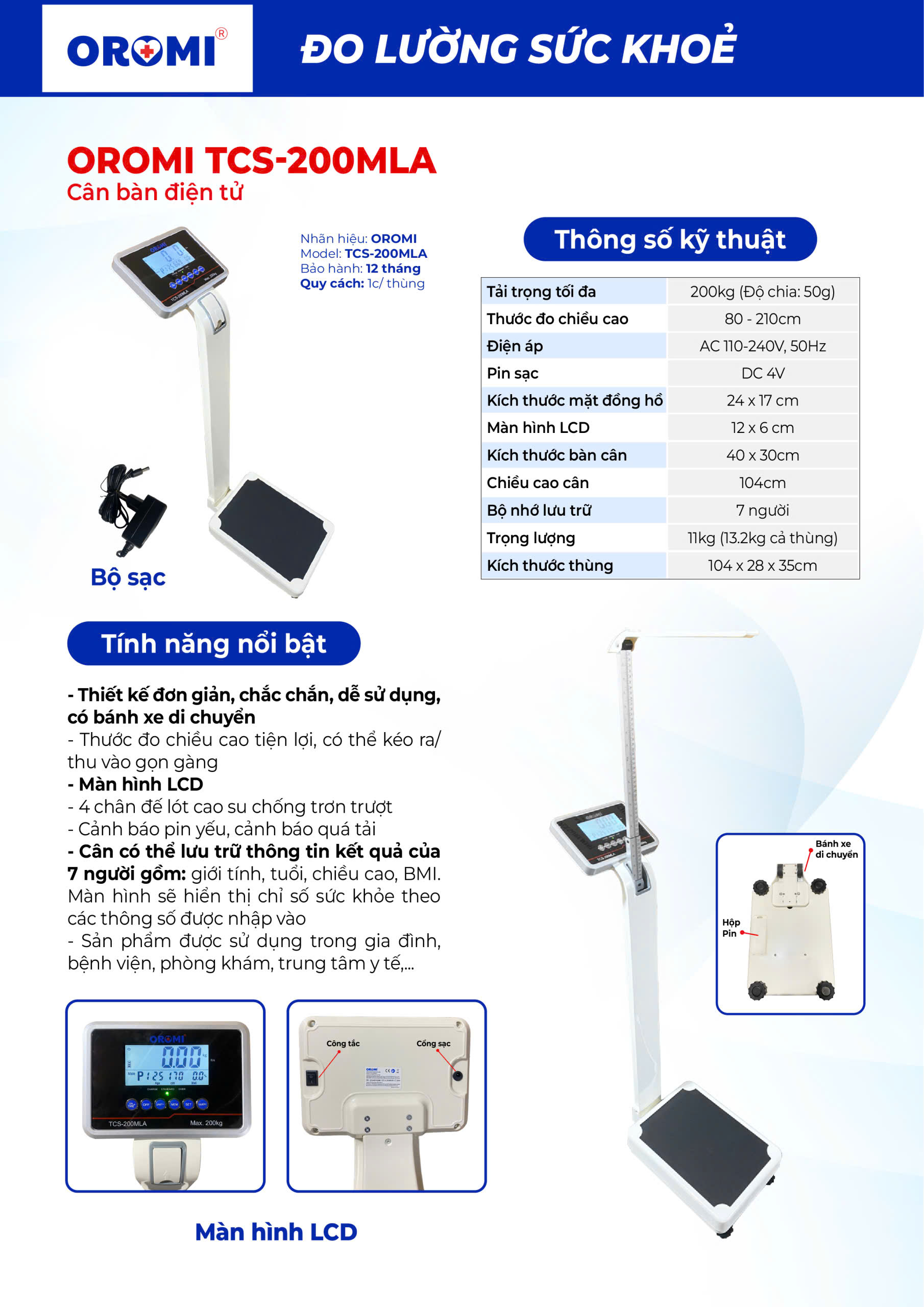 Cân sức khỏe kèm thước đo chiều cao điện tử OROMI TCS-200MLA